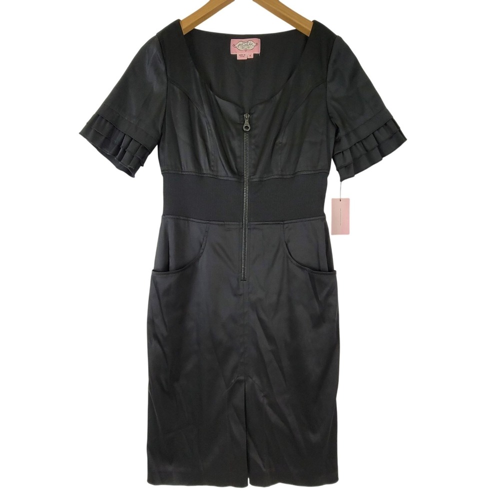 NWT Phoebe Couture Black Satin & Stretch Short Sleeve Ruffle Sheath Dress Size 4